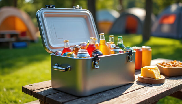 Open cooler box filled with drinks and cans sits on picnic table. Tents set up in background. Cheese and snacks nearby. Summer outdoor recreation.