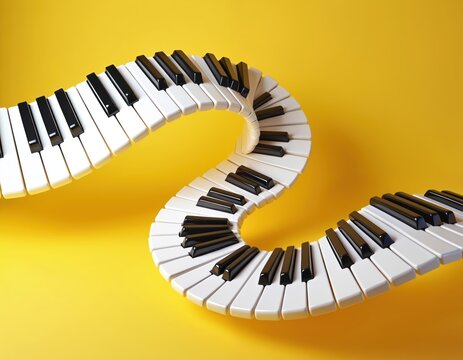 Curved piano keyboard against yellow backdrop creates flow design. Musical instrument keys form playful wave pattern. Modern abstract art for music education tech. Melody creativity rhythm.
