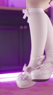 Woman cute sexy pink lolita shoes hanging of the table in kitchen close-up