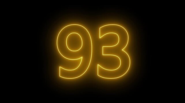 glowing neon text 93 number countdown icon. flickering neon number 93 on black background.