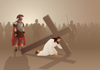 Biblical vector illustration series. Way of the Cross or Stations of the Cross, seventh station, Jesus falls for the second time.