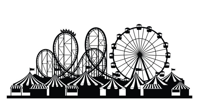 Black and white illustration of an amusement park with rides and tents
