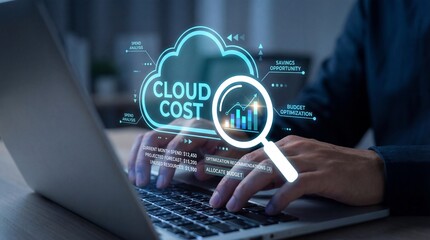 Person working on a laptop with a cloud cost magnifying glass for financial analysis and optimization purposes