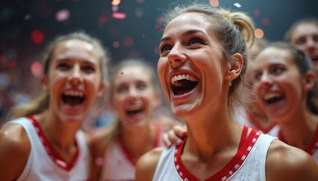 Female basketball team rejoices, celebrates win with joy. Players smile, hug in confetti. Women cheer sport success. Team shows unity. Celebration of teamwork, achievement, dedication. Happiness, - Powered by Adobe
