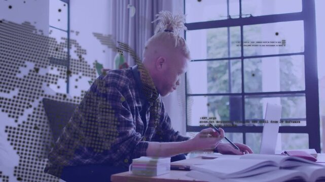 Animation of data processing over albino african american businessman in office