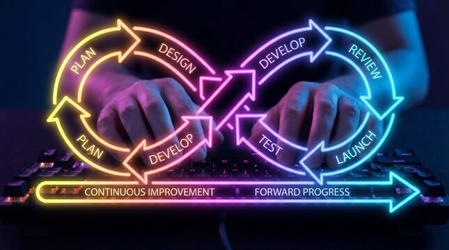 Hands on a keyboard with a colorful agile development lifecycle diagram in the background for software development