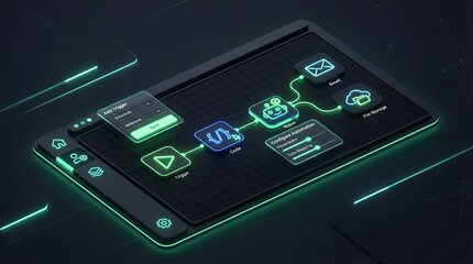 Smartphone with glowing green circuit board on a dark background with neon lines