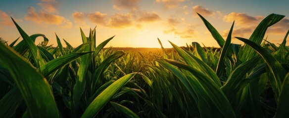 The Cornfield at Sunset with Lush Green Leaves and Golden Sky