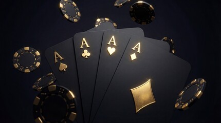 Gold poker cards and chips on a dark background with a luxurious feel