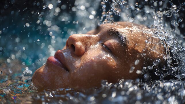 Stock photo of Spa massage therapy relaxing scene, splashing water action, concept of Lifestyle x Songkran, high shutter speed water freeze, energetic summer vibes, style of Hyper