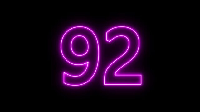 glowing neon text 92 number countdown icon. flickering neon number 92 on black background.