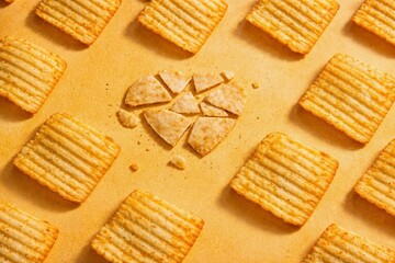 Decorative pattern of crispy potato chips on a warm yellow background, ideal as a texture or backdrop for packaging, advertising, and modern graphic design.