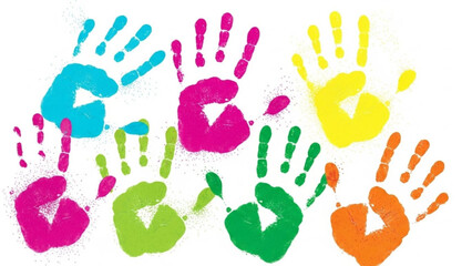 Vibrant multicolored handprints on white background for creative design and artistic expression with colorful and graphic and resource and hands