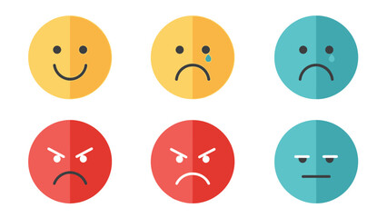 Fototapeta premium Set of six colorful flat design emoji icons representing various emotional states like happiness sadness anger and neutral feelings