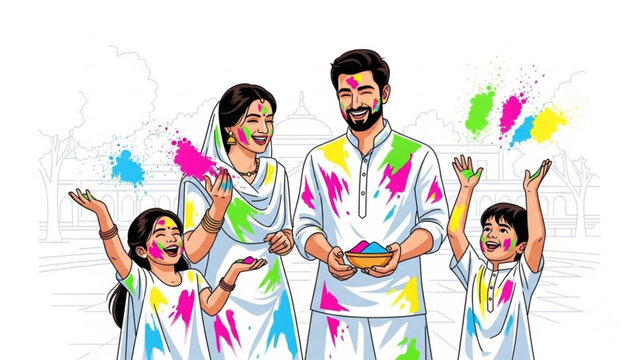 Family celebrating holi festival with colorful powder and joyful expressions in traditional indian clothing on a white background with celebration