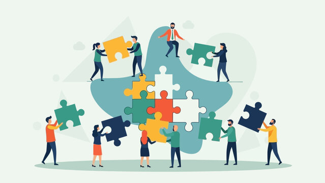 Diverse group of business people collaboratively working together to assemble a large multicolored jigsaw puzzle structure successfully.