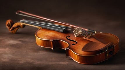Fototapeta premium The Violin Resting Gracefully on a Rustic Surface with Bow and Warm Lighting