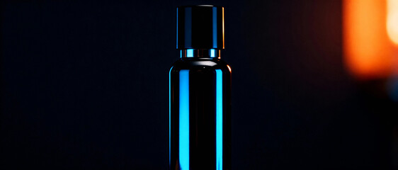  Sleek cosmetic or perfume bottle in dramatic blue rim light against a dark background with a warm orange glow on the side.