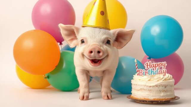 Adorable mini piglet wearing a party hat, standing amongst colorful balloons and a birthday cake, for a birthday celebration concept and festive humor