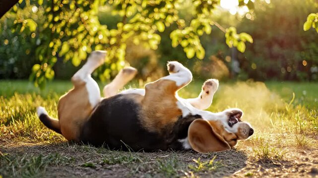  A beagle dog rolling on its back, suffering from allergies, in the grass, concept of pet treatment