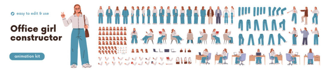 Business woman constructor set. Female employee, office worker character, animation kit with body parts, poses, gestures and movements. Flat graphic vector illustration isolated on white background