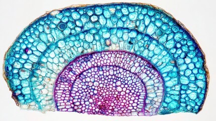 The Plant Stem Cross-Section Showing Vascular Tissue Under Microscope and Cellular Structure in Bright Stain