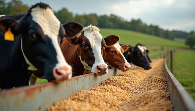 Cows eat grain from metal trough on cattle farm. Four cows eat together. Livestock feeding at farm. Farming agriculture animal concept. Rural countryside landscape with farm animals.