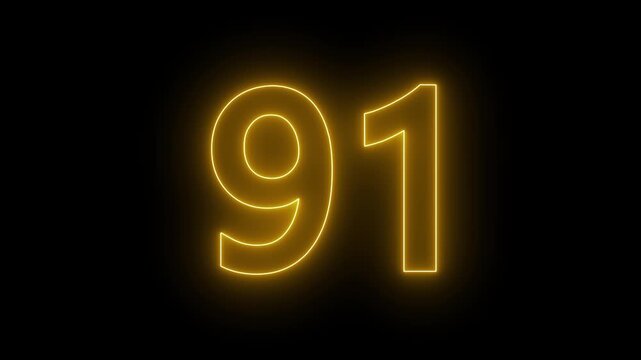 glowing neon text 91 number countdown icon. flickering neon number 91 on black background.