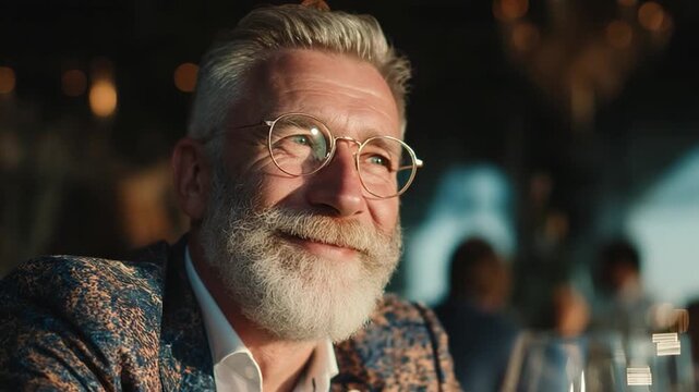 Senior male innovation patron smiling while hosting elite tech roundtable dinner