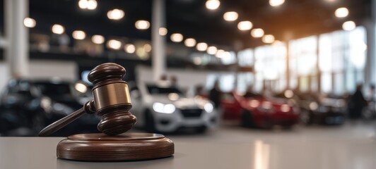 The Gavel Overlooking Cars in a Modern Auction House Conveying Legal Sale