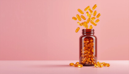 Flying Amber Capsules Pouring from Pill Bottle on Pink Background
