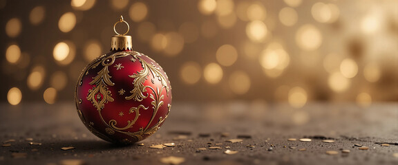Red Glittery Christmas Ornament Against Golden Bokeh Festive Background
