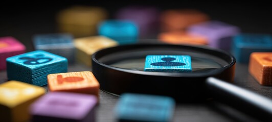 The magnifying glass focusing on a blue profile tile among colorful wooden blocks