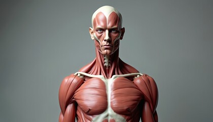Anatomical human model displays muscular system in detail. Musculature illustration shows body structure with exposed muscles tendons. Medical representation of human male form. Scientific image of