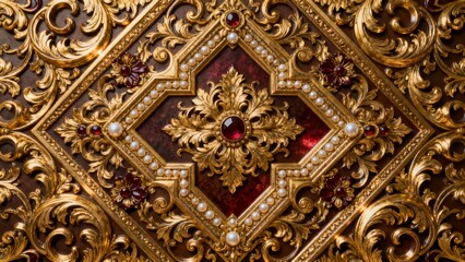 Ornate golden decorative panel with red gemstones and intricate filigree design