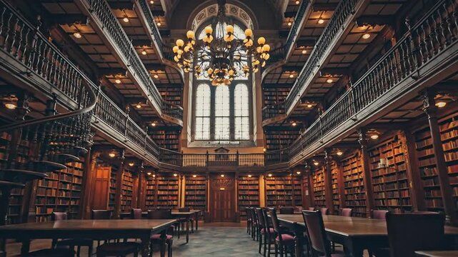 Grand historic library interior with tall bookshelves, ornate chandeliers, and arched windows, evoking knowledge and tradition