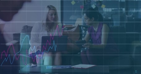 Animation of statistical data processing over two diverse female colleagues discussing at office - Powered by Adobe
