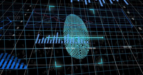 Animation of fingerprint and padlocks over data processing