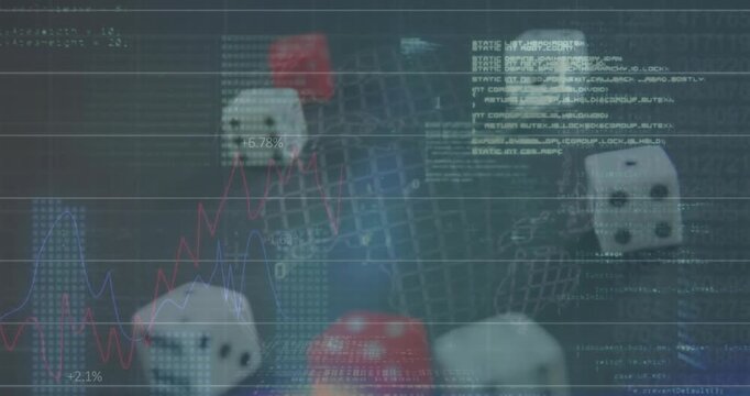 Animation of financial data processing ang globe over dices