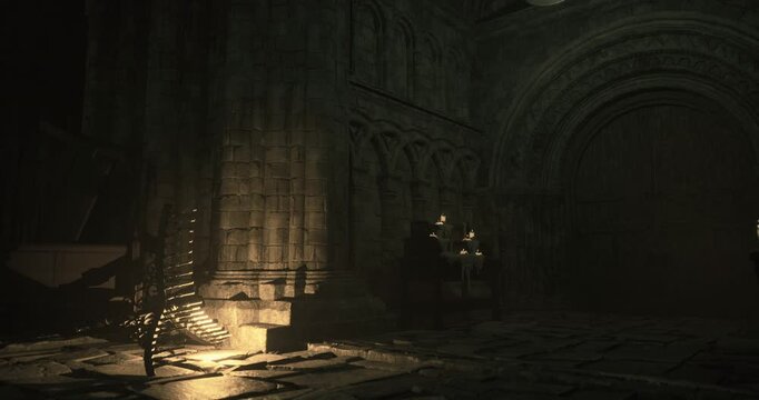 Shadows dance in a dimly lit medieval interior, showcasing ancient stonework and flickering candles. A sense of mystery pervades this atmospheric setting.