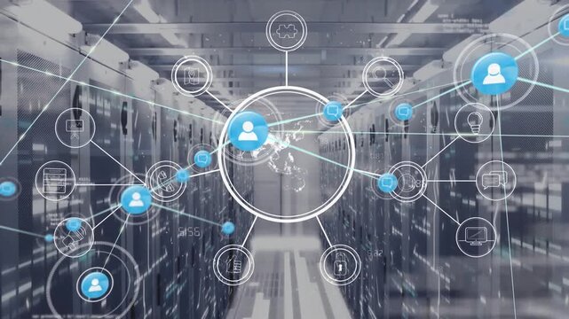 Animation of connected multiple icons around circle and programming language over server room
