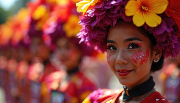 Young woman smiles at Panagbenga Festival with large flower crown. Girl enjoys cultural event parade, dance performance in Baguio, Philippines. Wears festive makeup, traditional dress at blooming