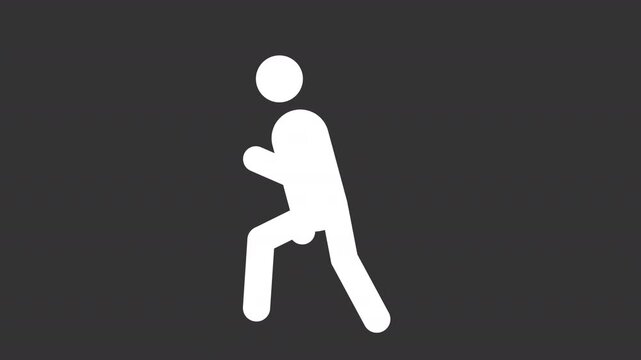 Running stickman white glyph stickman animation. Physical activity, jogging man. Active lifestyle, sport training. Dynamic stick figure isolated on black background. Animated solid silhouette motion