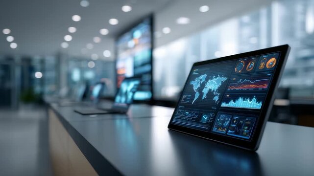 A sleek tablet shows interactive dashboards with world maps, charts, and graphs in a bright, modern workspace. The scene highlights digital transformation and data driven decision making