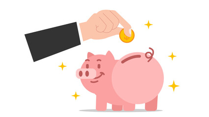 Fototapeta premium Pink Piggy Bank Vector Illustration with Hand Putting Gold Coin, Concept of Money Savings and Financial Investment
