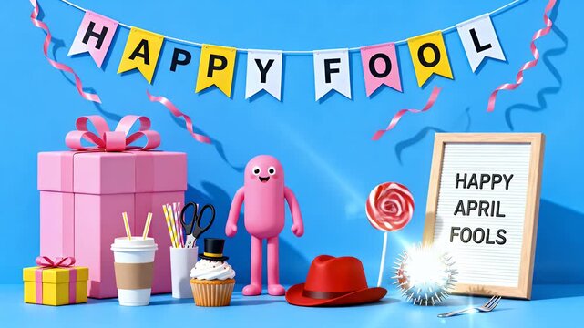A festive April Fools' Day setup with gifts, a cartoon character, sweets, and a "Happy April Fools" sign on a blue background.