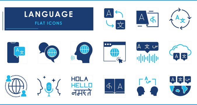 A set of flat icons related to Language. Various languages, translate, worldwide, communicate, speak, and so on.