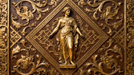 Golden relief depicting a classical female figure in ornate decorative panel
