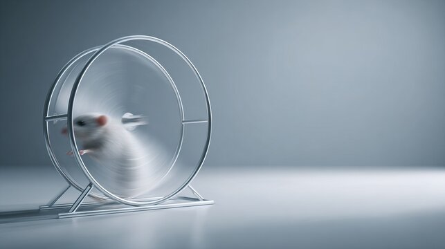 antecedence. Hamster wheel in endless rotation on a plain grey background. wildlife magazines, conservation campaigns, designed for nature documentaries and education, used by health educators.