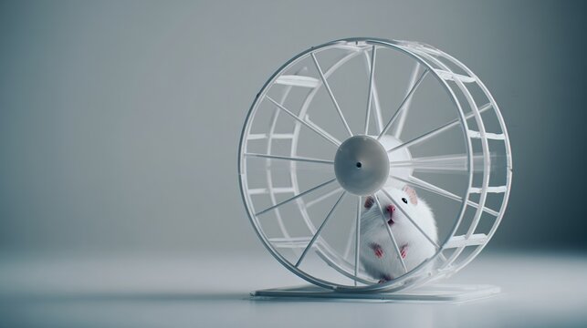antecedence. Hamster wheel in endless rotation on a plain grey background. wildlife magazines, conservation campaigns, designed for nature documentaries and education, used by health educators.